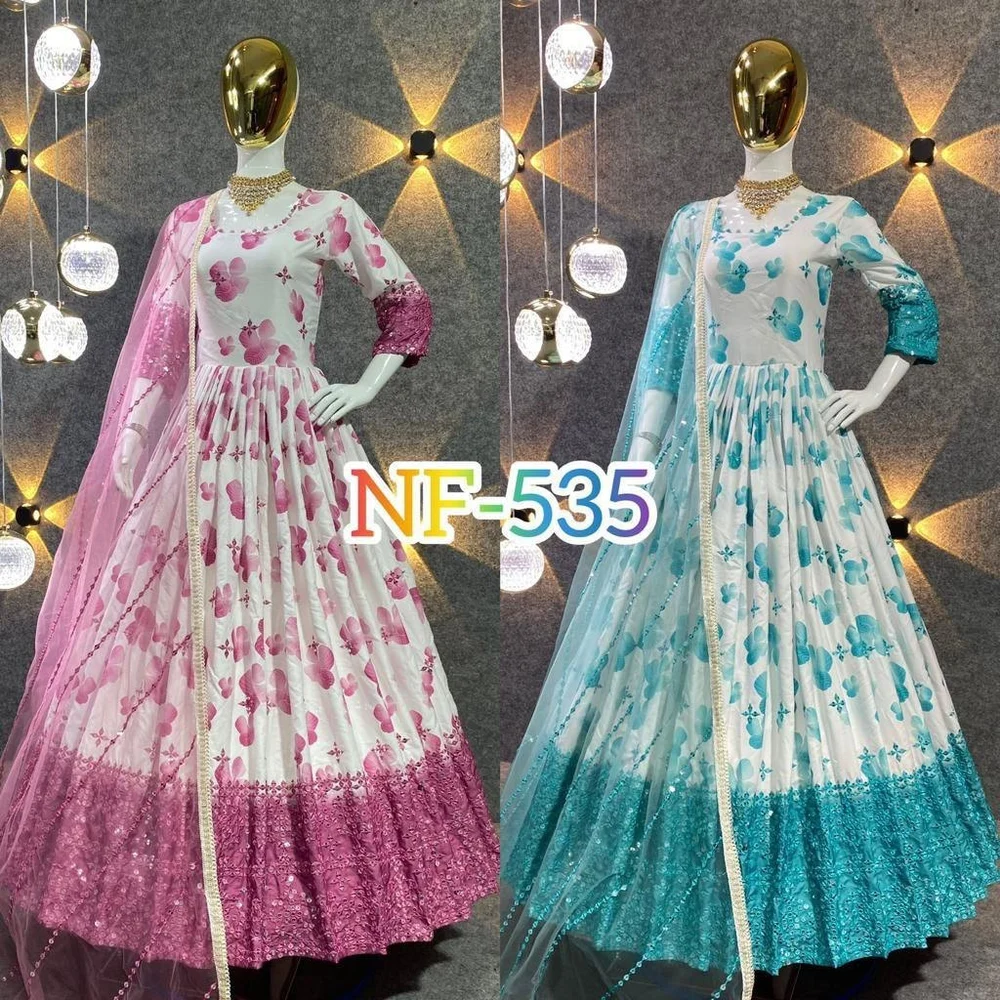 Designer Silk Gown With Net Dupatta
